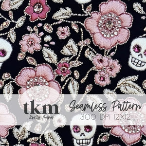 Black Floral Skulls Seamless Pattern