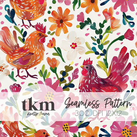 Gouache Floral Chickens Seamless Pattern