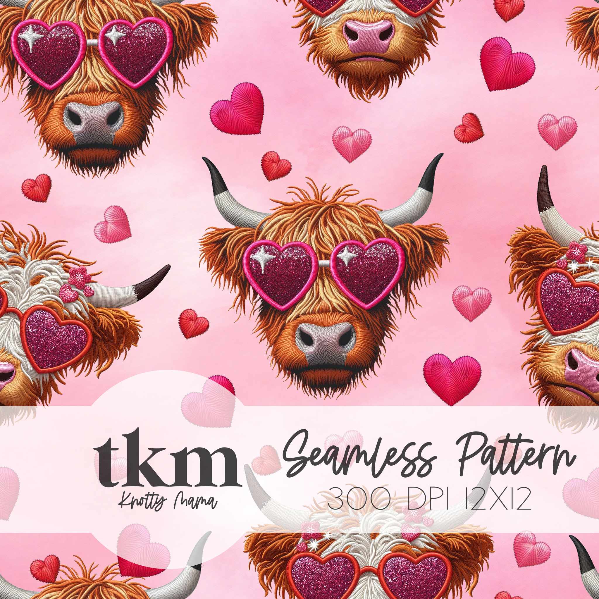 Highland Cow Valentine's Day Seamless Pattern