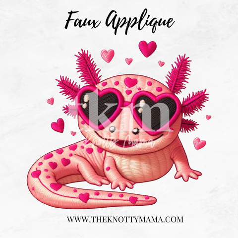 Faux Embroidered Pink Axolotl Love PNG