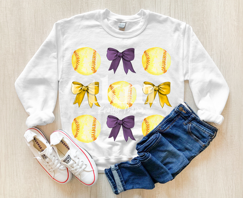 Athletic Gold and Purple Coquette Bow Softball PNG
