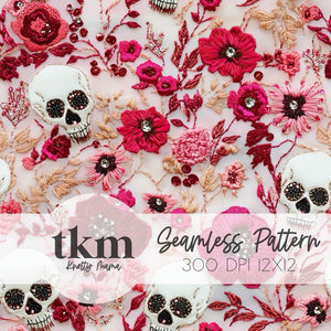 Red Floral Skulls Seamless Pattern