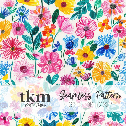 Scribbled Spring Florals Seamless Pattern