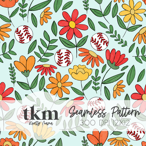 Spring Floral Red and Yellow Baseball Seamless Pattern EXCLUSIVE