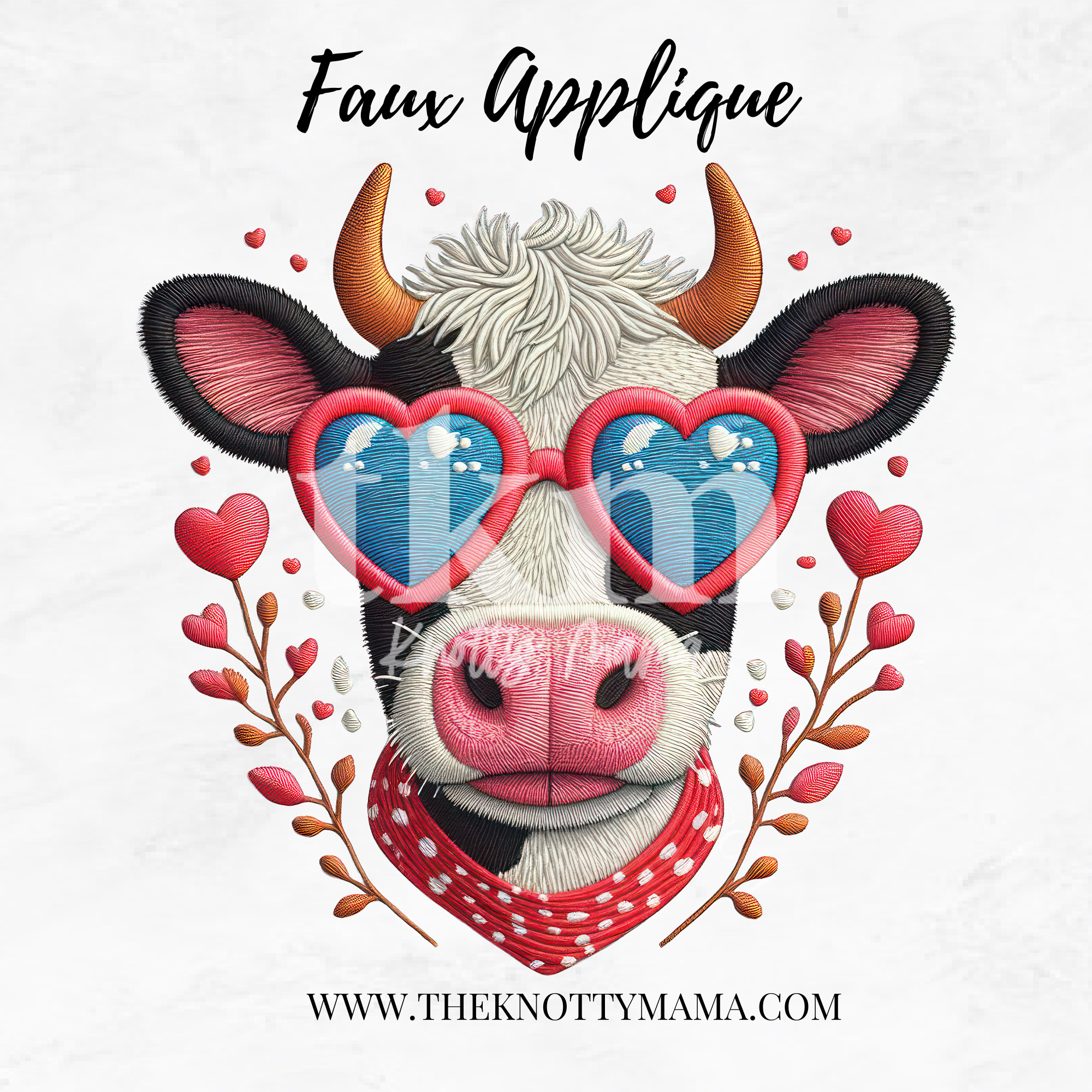 Faux Embroidered V-Day Cow PNG